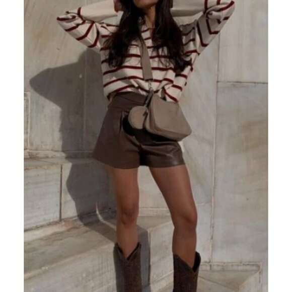Zara Sz L Brown Faux Leather High Rise Shorts Vegan Stretch Pockets NWT NEW - Picture 7 of 16